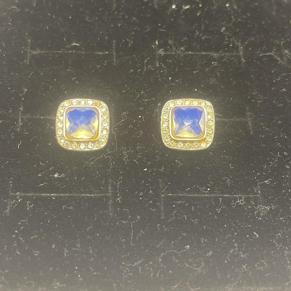 Vintage Monet Clip On Earrings Silver Tone Rhinestone Square